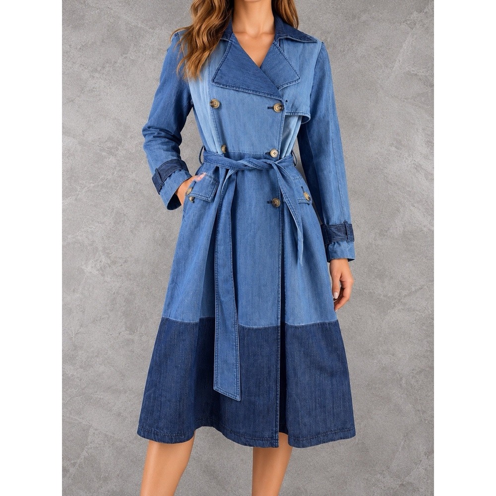 Sosken Studios Denim Trench Coat Womens 0 Blue Patchwork Belted Long Duster